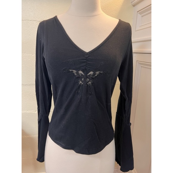 Vtg‎ Guess Women's Large Black V-Neck Lace Butterfly Shirt With Flutter Sleeves - Picture 1 of 8